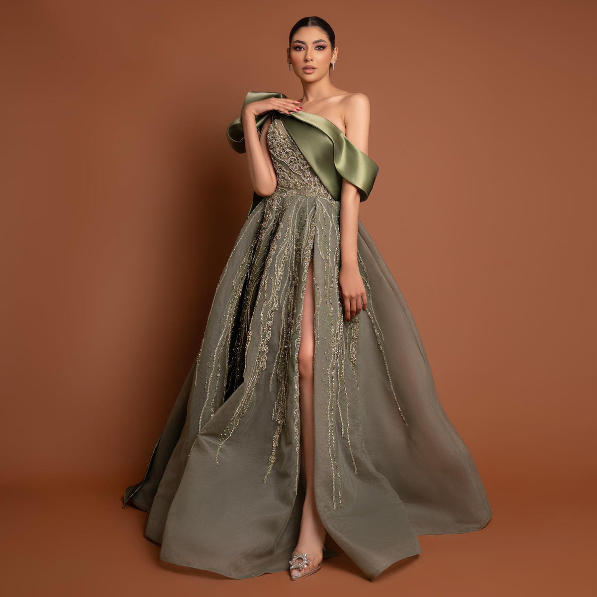 Sharon Said Luxury Dubai One Shoulder Olive Green Arabic Evening Dress with Cape Sleeves Side Slit Wedding Party Gowns SS323