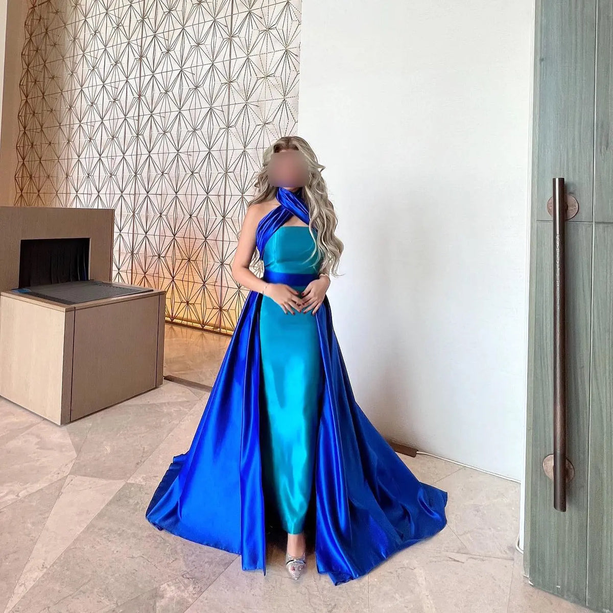 Royal Blue Criss Cross Halter Evening Dress with Overskirt SF012 Royal Blue Criss Cross Halter Evening Dress with Overskirt SF012