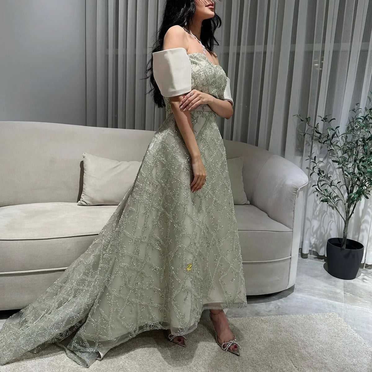 Elegant Sage Green Off Shoulder Evening Dress SS427 - SHARONSAID Elegant Sage Green Off Shoulder Evening Dress SS427 - SHARONSAID
