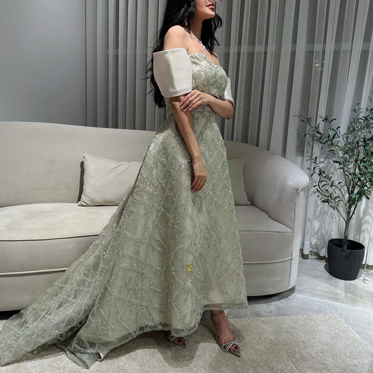 Sharon Said Saudi-Arabien A-Linie Salbeigrün Abendkleider für Frauen Hochzeit Elegante Dubai Perlen Midi Formale Partykleider SS427