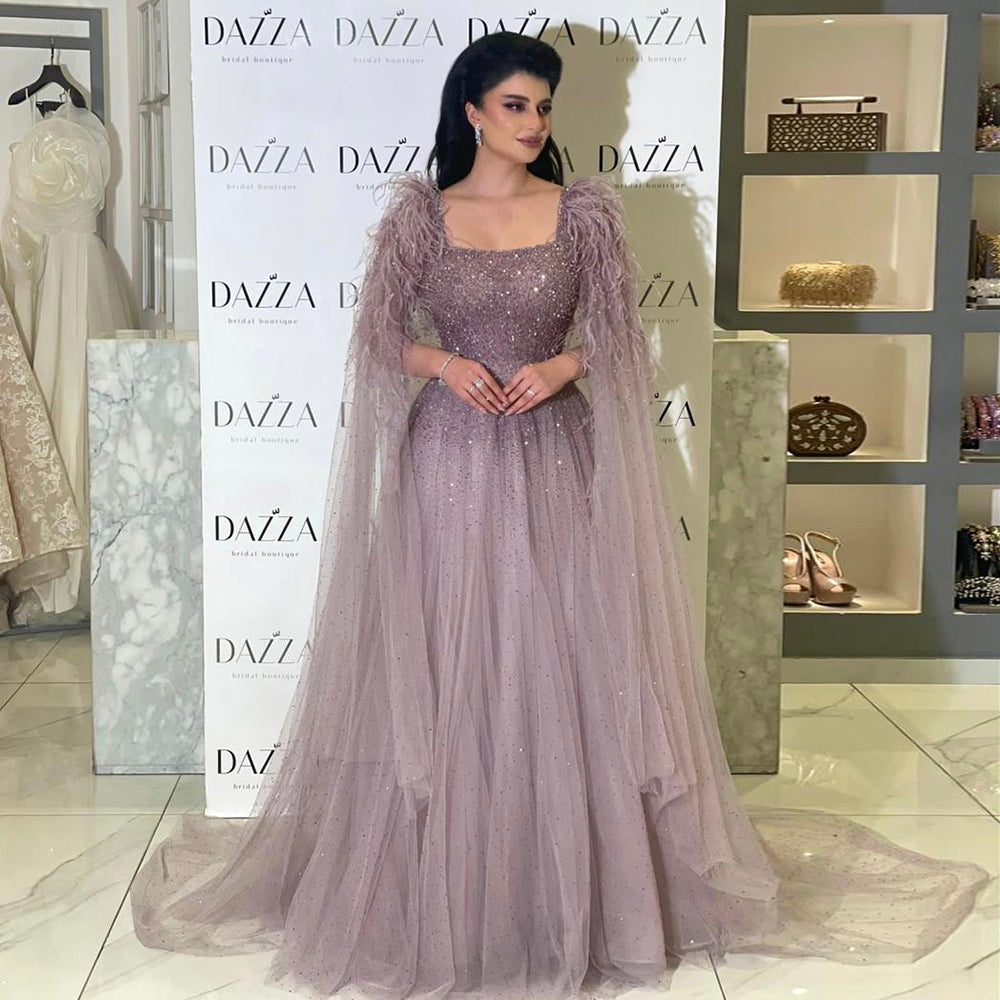 Sharon Said Dusty Pink Luxury Feathers Arabic Evening Dresses with Cape Elegant Women Dubai Turkey Wedding Party Gowns SS406