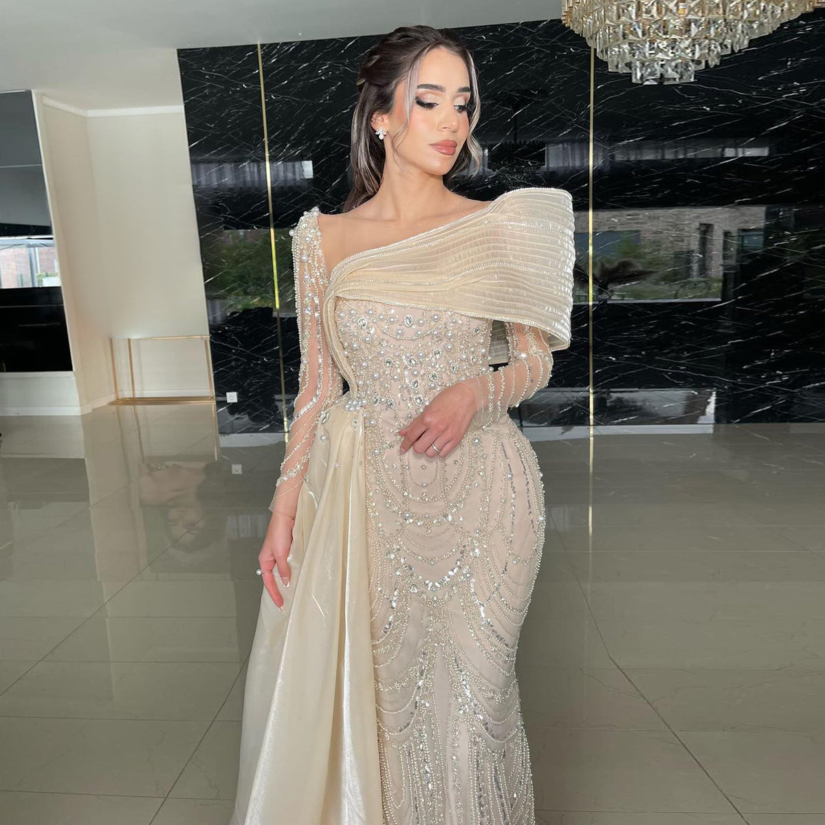 Sharon Said Luxury Nude Crystal Mermaid Evening Dress with Overskirt Long Sleeves Dubai Arabic Wedding Formal Prom Gowns SS256