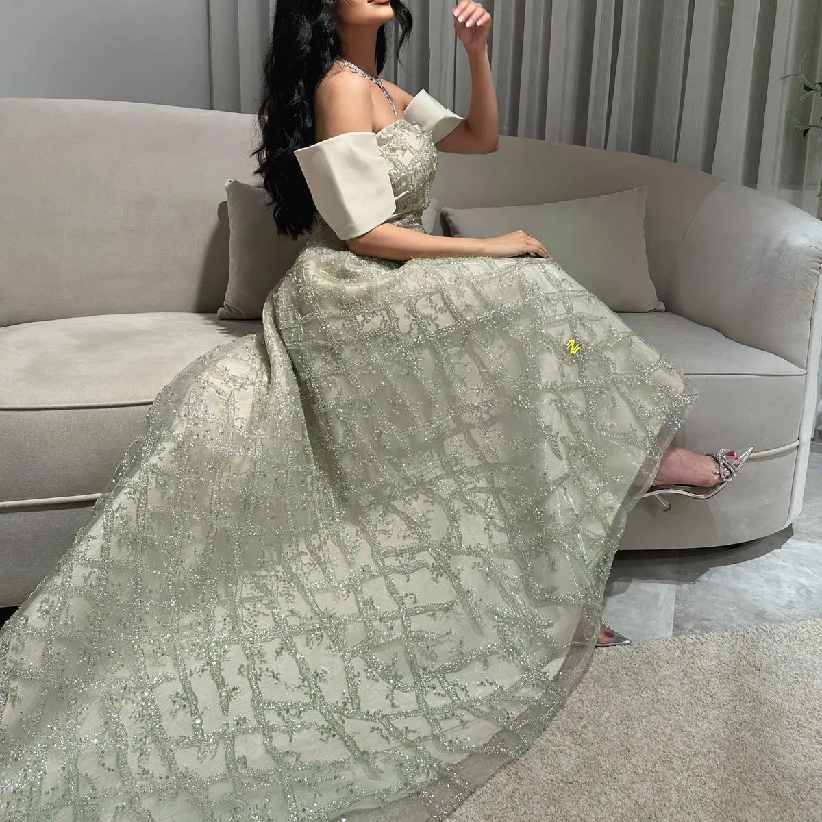 Elegant Sage Green Off Shoulder Evening Dress SS427 - SHARONSAID Elegant Sage Green Off Shoulder Evening Dress SS427 - SHARONSAID