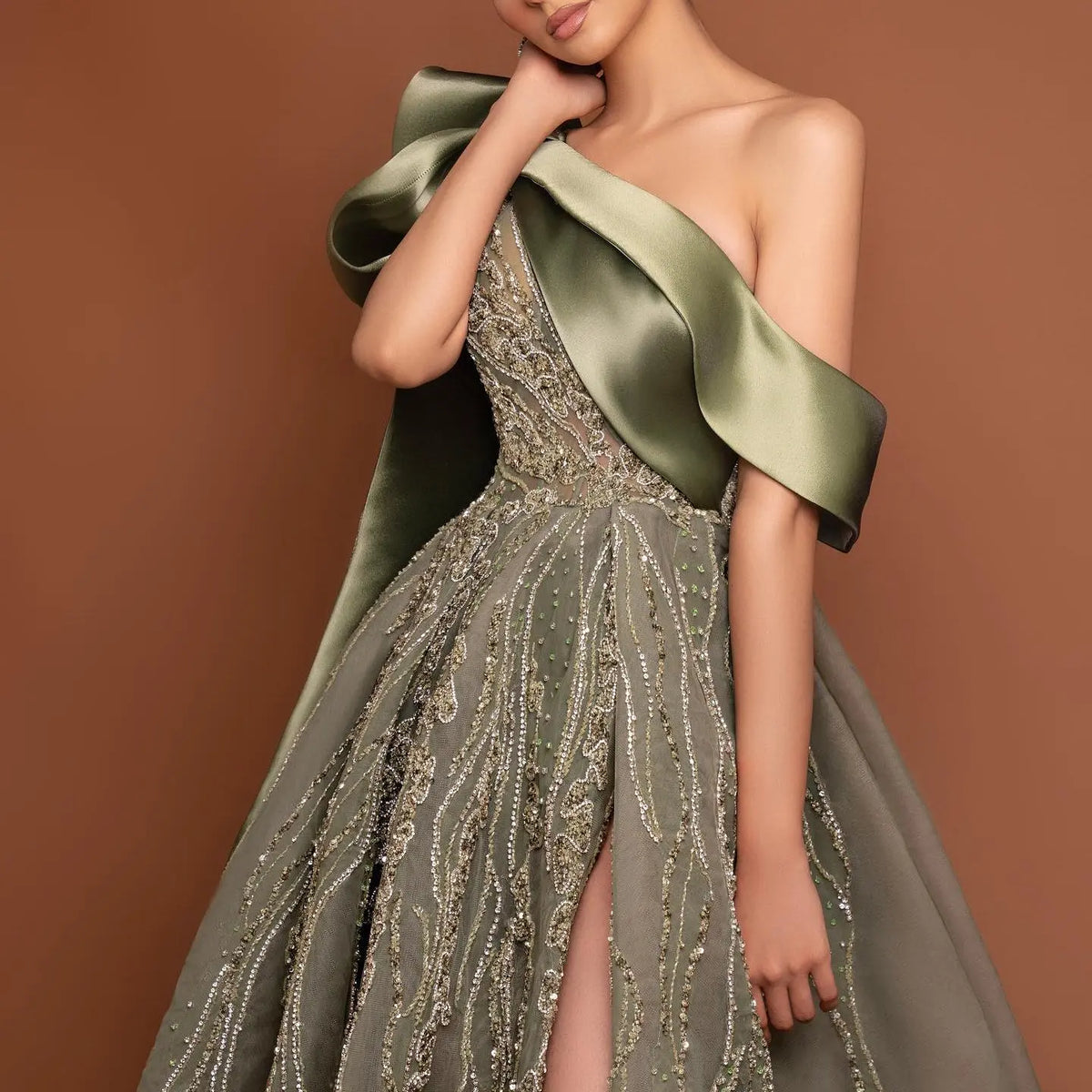 Luxury One Shoulder Olive Green Evening Dress SS323 Luxury One Shoulder Olive Green Evening Dress SS323