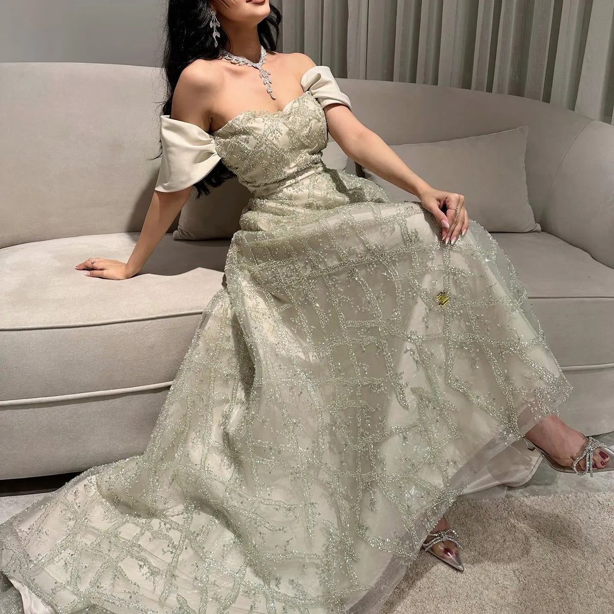Elegant Sage Green Off Shoulder Evening Dress SS427 - SHARONSAID Elegant Sage Green Off Shoulder Evening Dress SS427 - SHARONSAID