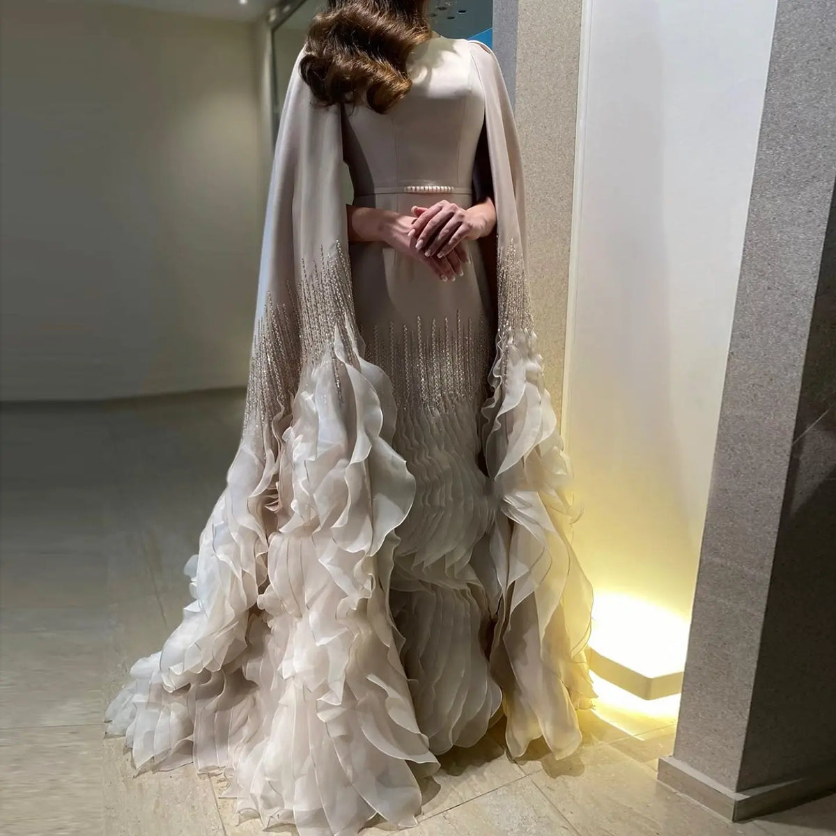 Luxury Nude Ruffles Evening Dress with Cape Sleeves SS440 - SHARONSAID Luxury Nude Ruffles Evening Dress with Cape Sleeves SS440 - SHARONSAID