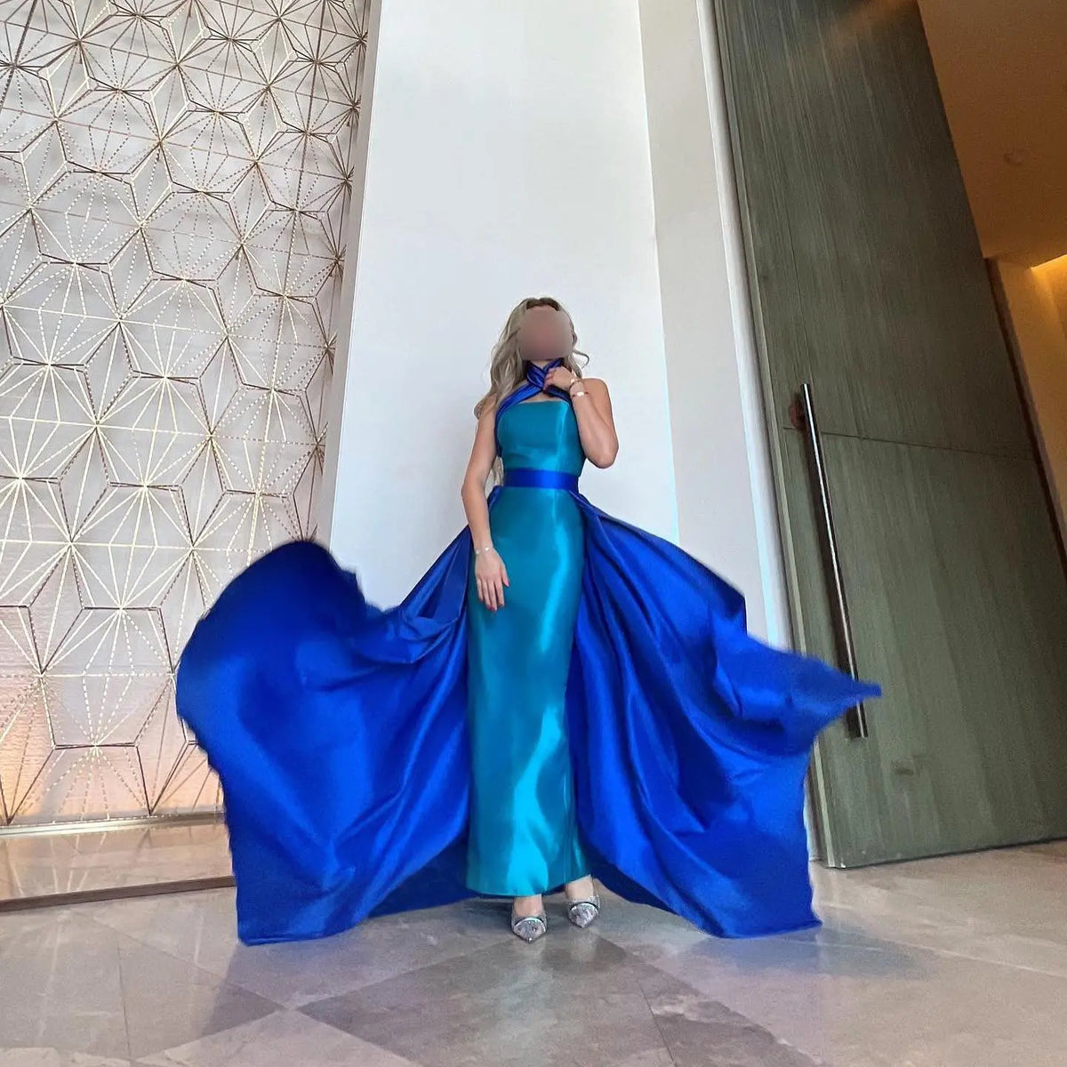 Royal Blue Criss Cross Halter Evening Dress with Overskirt SF012 Royal Blue Criss Cross Halter Evening Dress with Overskirt SF012
