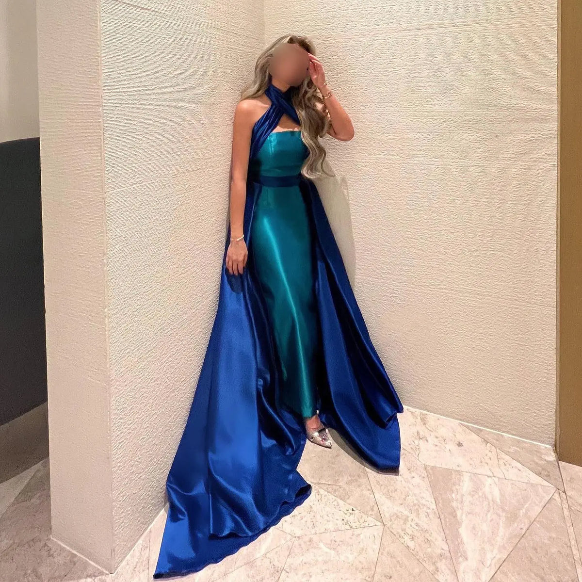 Royal Blue Criss Cross Halter Evening Dress with Overskirt SF012 Royal Blue Criss Cross Halter Evening Dress with Overskirt SF012