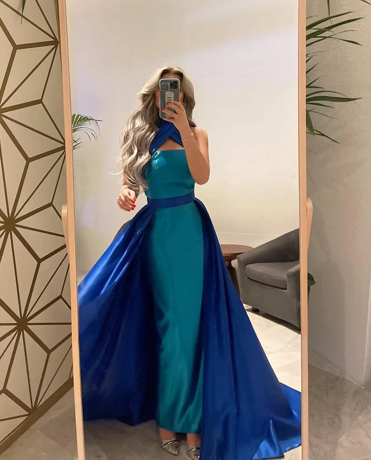 Royal Blue Criss Cross Halter Evening Dress with Overskirt SF012 Royal Blue Criss Cross Halter Evening Dress with Overskirt SF012