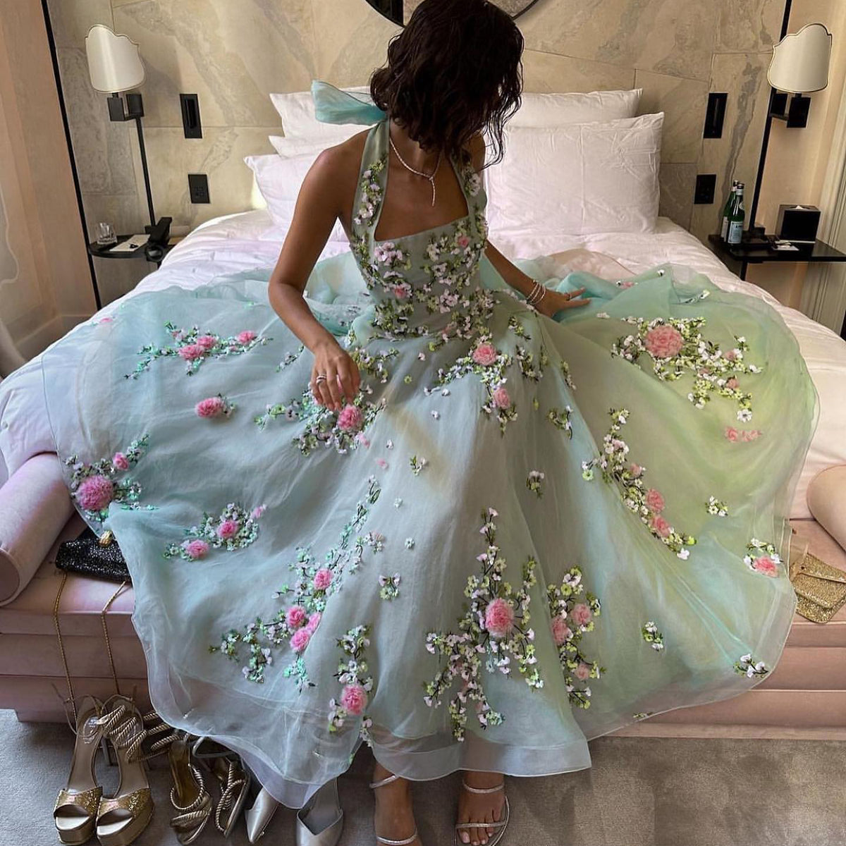 Sharon Said Chic 3D Flowers Halter Aqua Evening Dresses for Women Wedding Party A-line Ankle Length Midi Formal Prom Gowns SS219