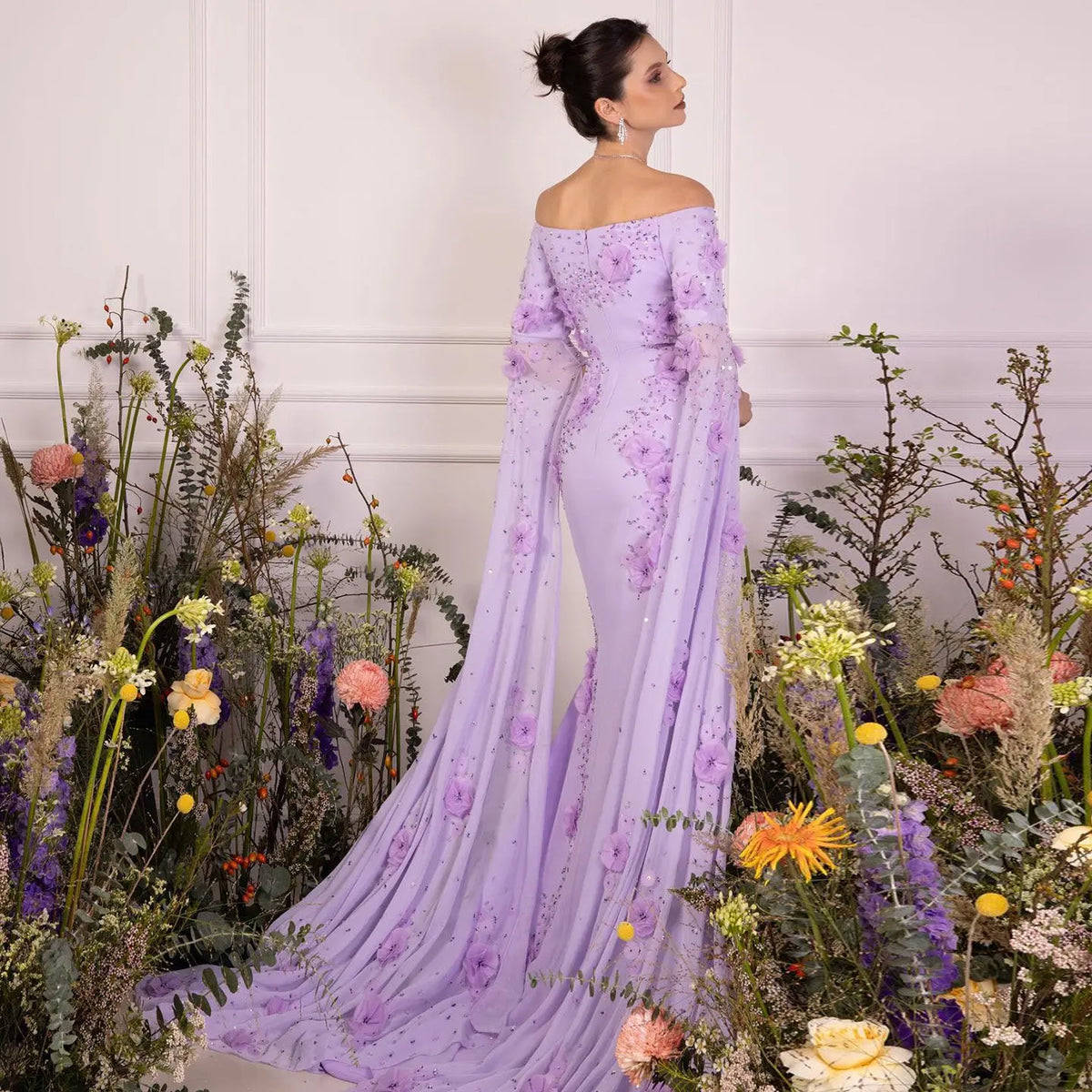 Elegant 3D Flower Lilac Off Shoulder Evening Dress SS450 