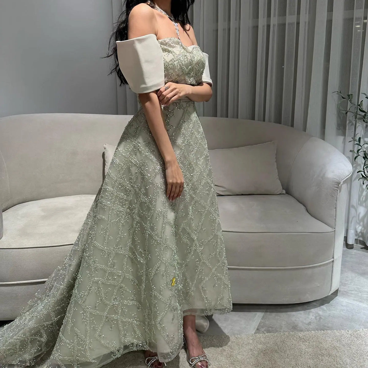 Elegant Sage Green Off Shoulder Evening Dress SS427 - SHARONSAID Elegant Sage Green Off Shoulder Evening Dress SS427 - SHARONSAID