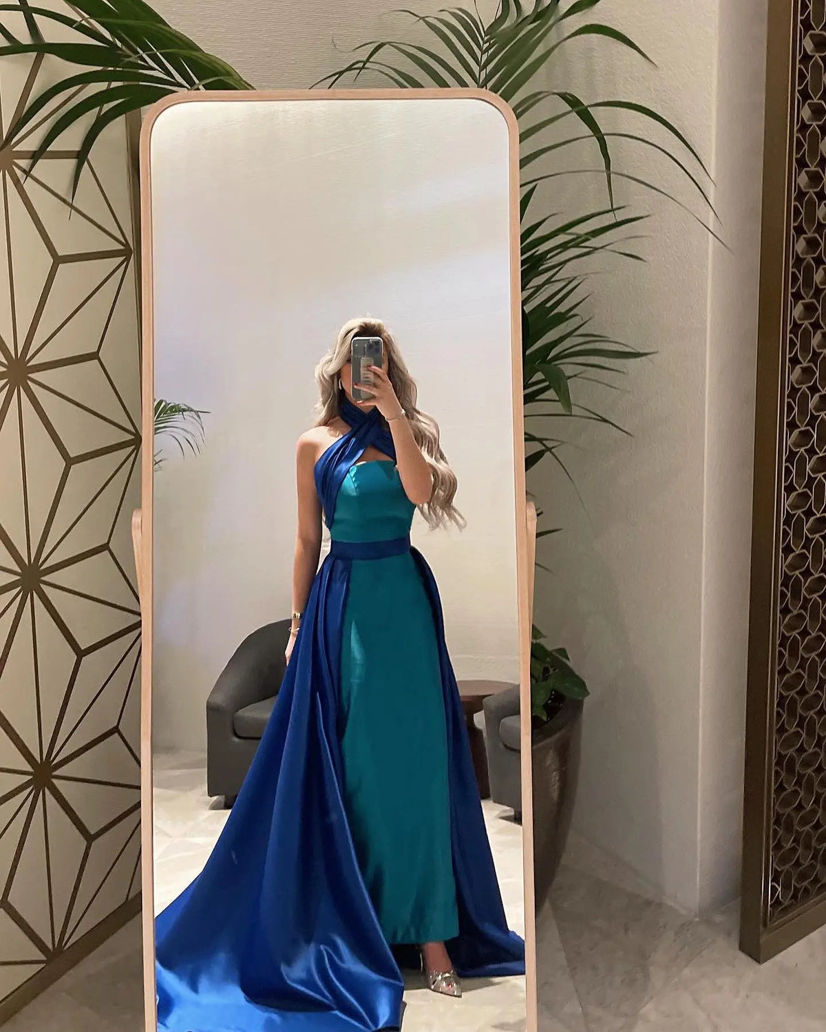 Royal Blue Criss Cross Halter Evening Dress with Overskirt SF012 Royal Blue Criss Cross Halter Evening Dress with Overskirt SF012