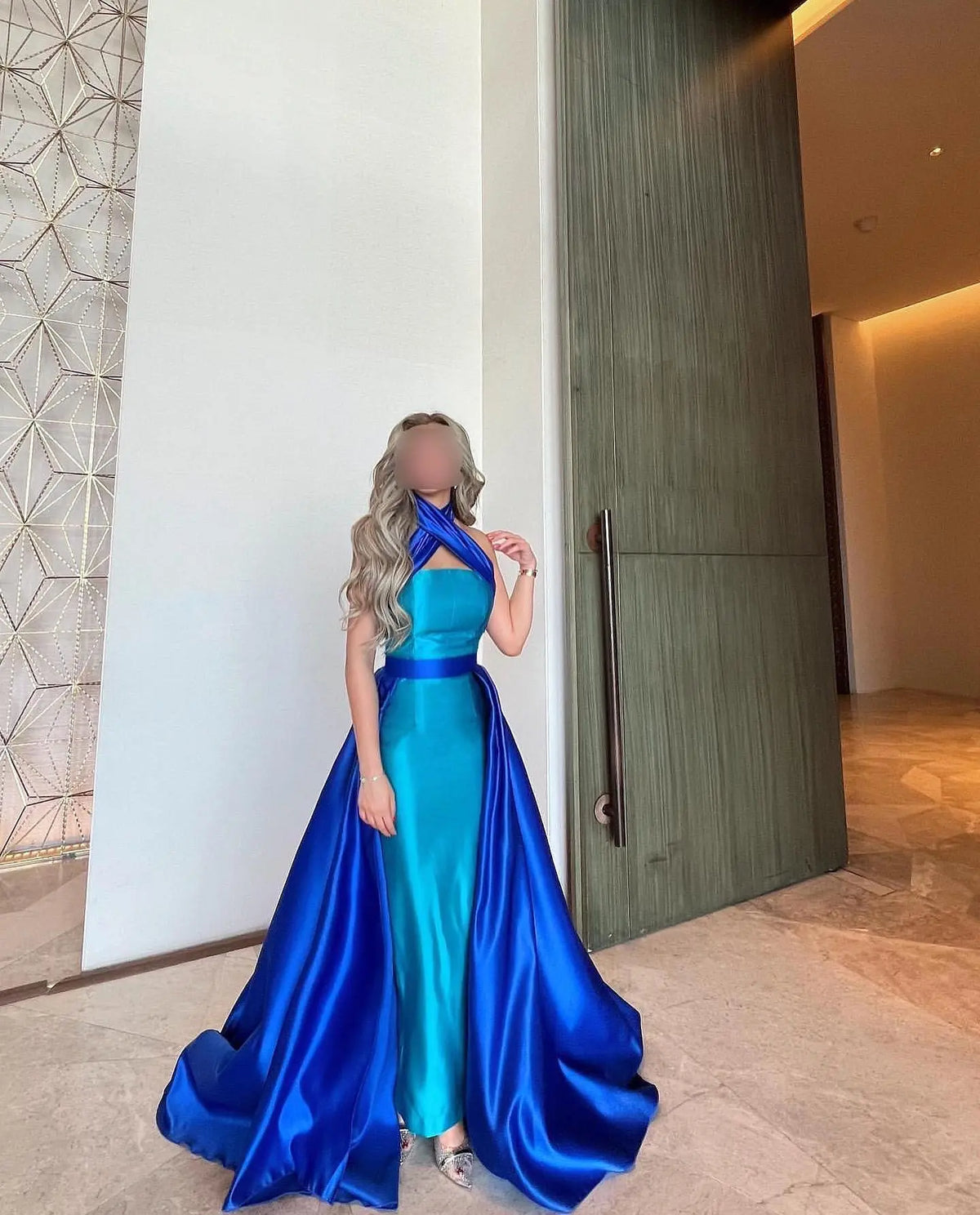 Royal Blue Criss Cross Halter Evening Dress with Overskirt SF012 Royal Blue Criss Cross Halter Evening Dress with Overskirt SF012
