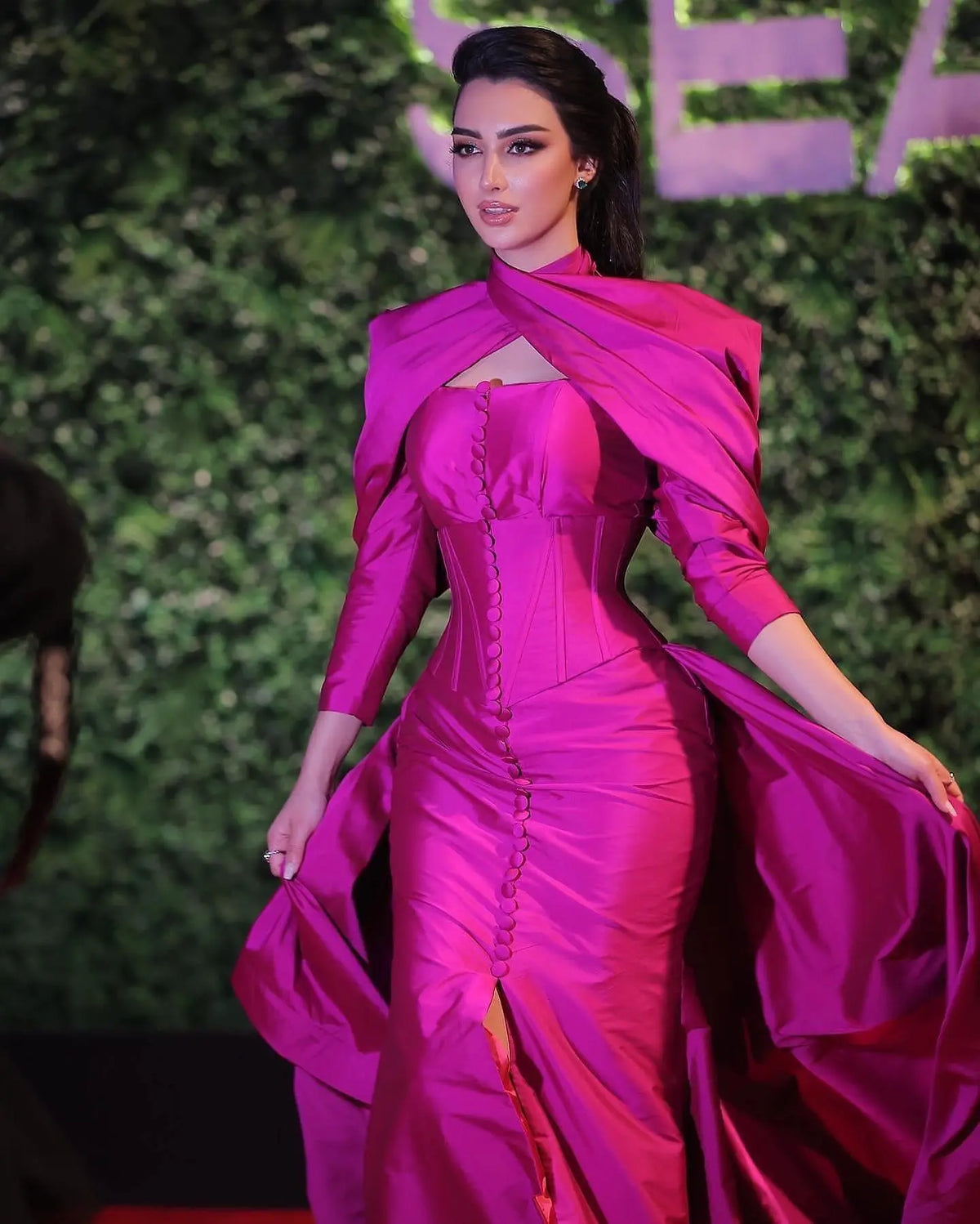 Fuchsia Mermaid Evening Dress with Overskirt Corset Long Sleeves SF030 
