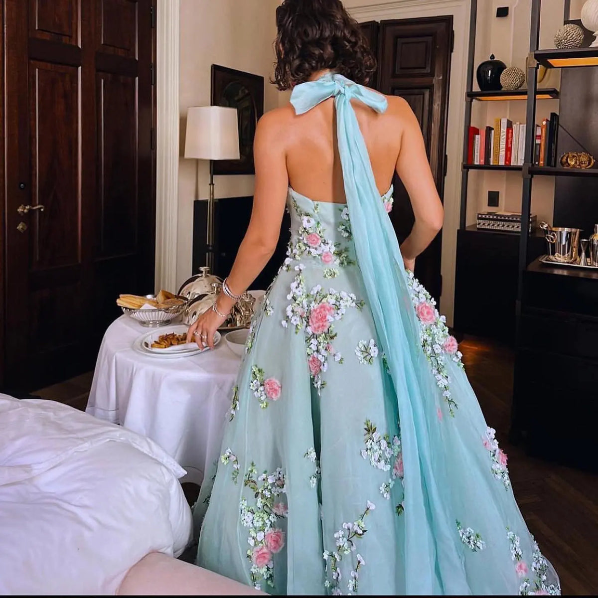 Chic 3D Flowers Halter Aqua Evening Dress SF299 – SHARONSAID
