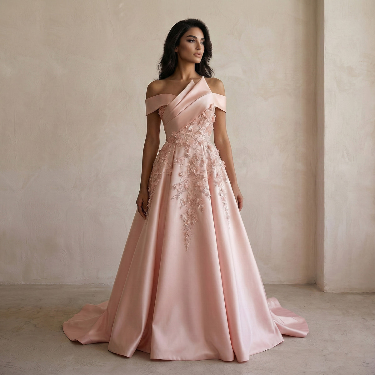 Luxury 3D Floral Sequin Pink Ball Gown Evening Dress XD094