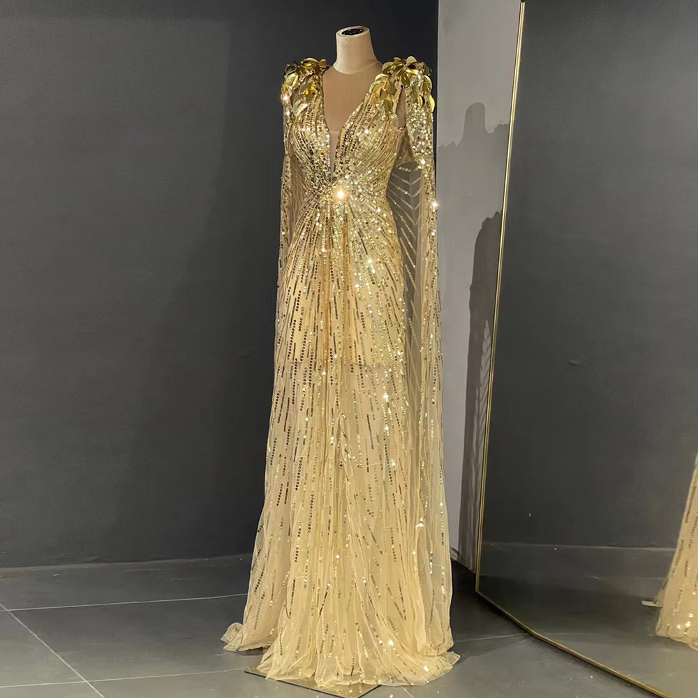 Sharon Said Luxuriöses goldenes Dubai-Abendkleid mit Umhang, funkelnden Perlen, elegantes langes formelles Partykleid für Frauen, Hochzeit SS562