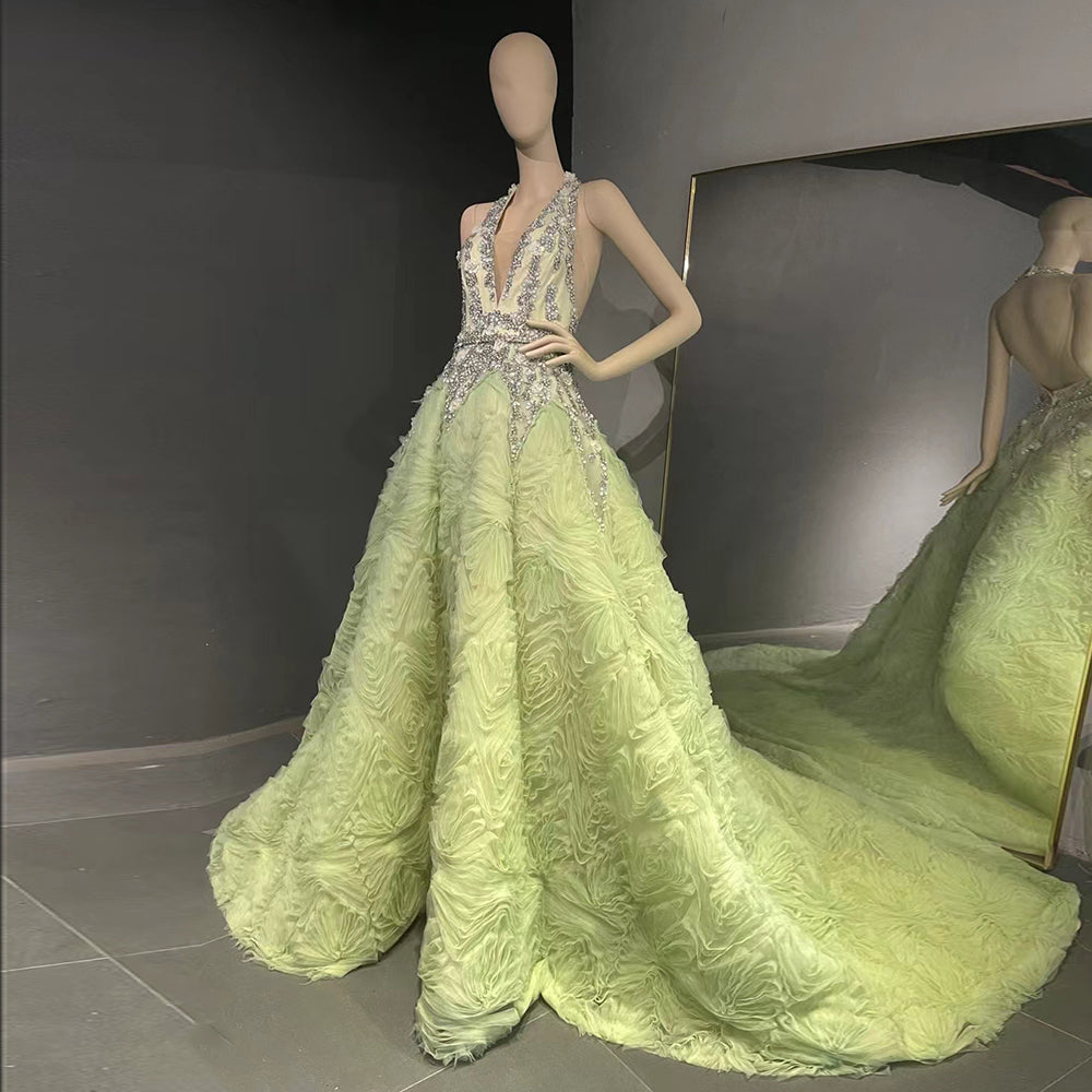 Sharon Said Luxury 3D Floral Crystal Dubai Evening Dress for Women Wedding Party Elegant Halter Long Prom Graduation Gowns SS566