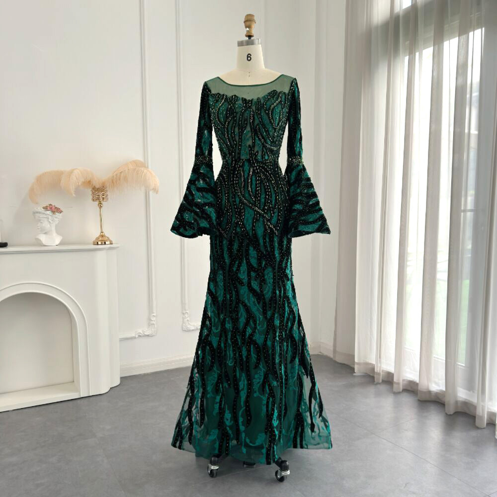 Sharon Said Luxury Dubai Emerald Green Velvet Evening Dress for Women Wedding Party Elegant Mermaid Long Formal Dresses SS053