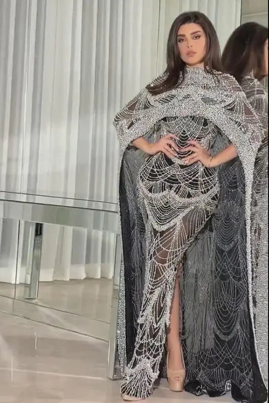 Luxury Pearls Champagne Evening Dress with Cape SS369 