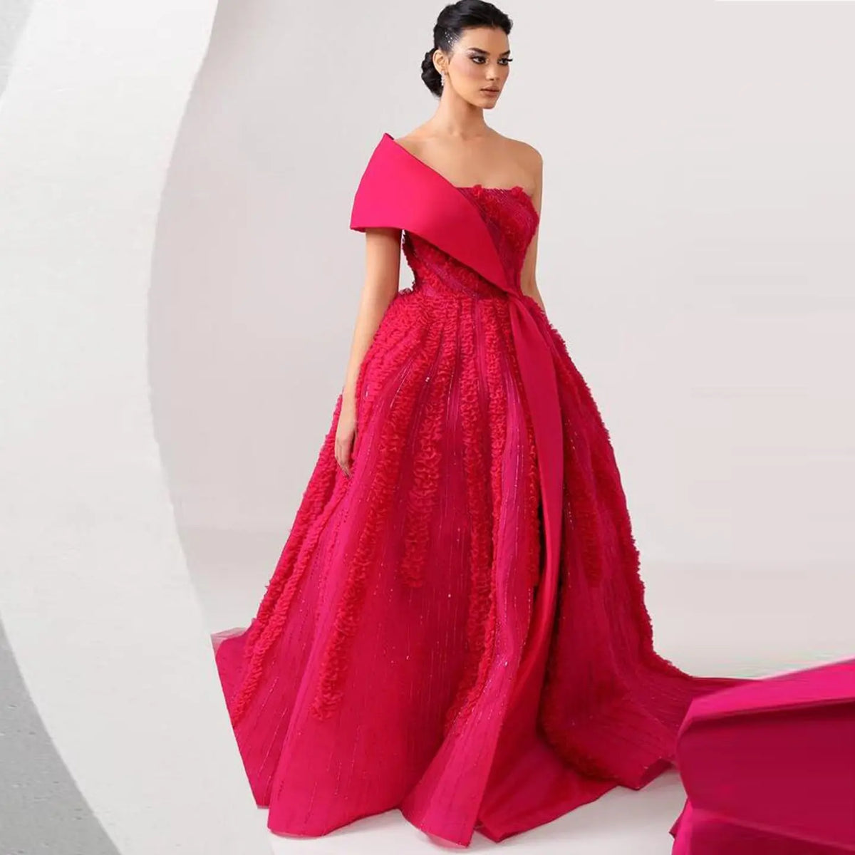 Luxury Fuchsia Beaded Textured Ball Gown Train Evening Dress XD042 