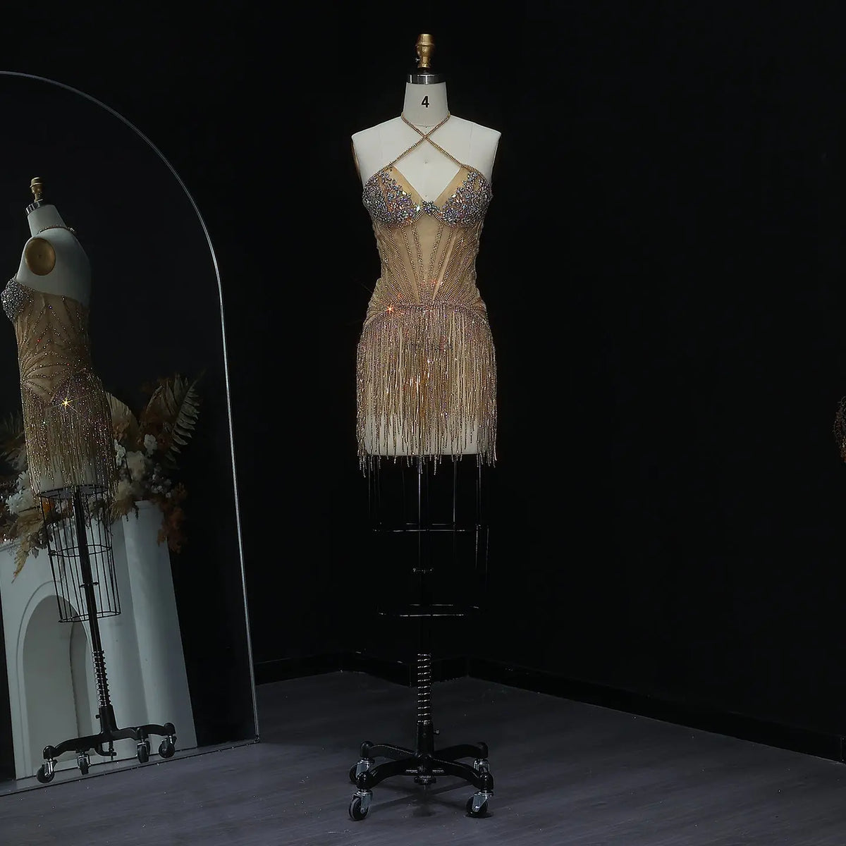 Gold Halter Crystal Tassel Cocktail Dress RM011
