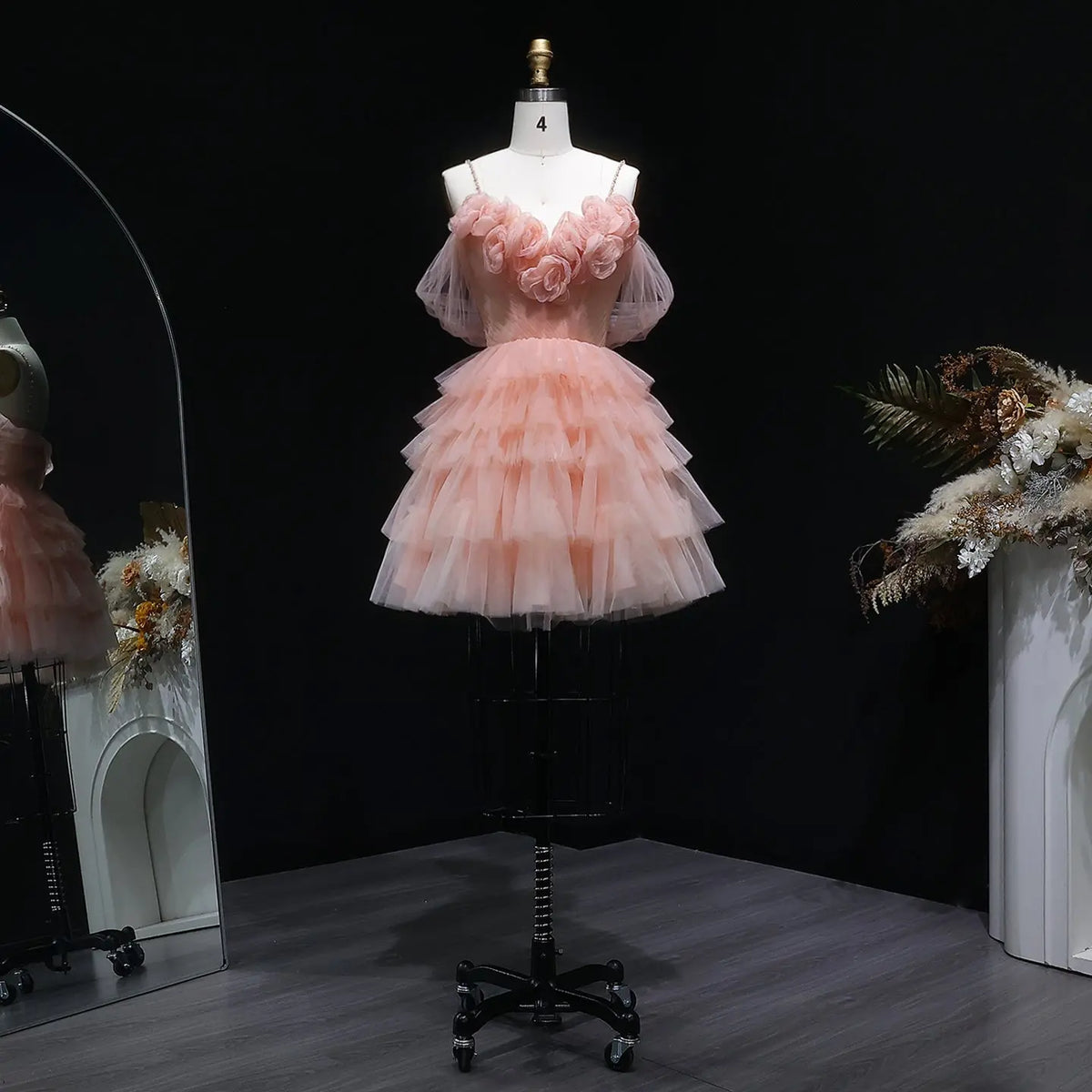 Luxury 3D Rose Tiered Ruffle Mini Homecoming Dress RM132