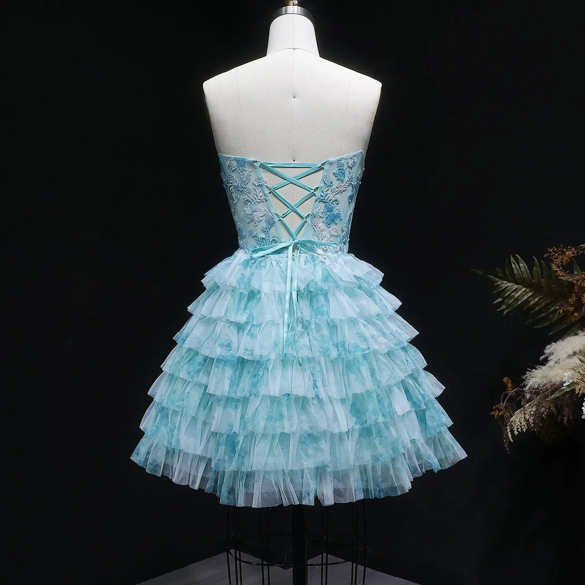 Elegant Blue Strapless Lace A-Line Homecoming Dress with Big Bow Detachable Train RM138