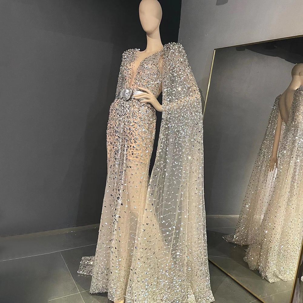 Sharon Said Luxury Beaded Mermaid Silver Nude Evening Dresses with Cape Sleeve Elegant Dubai Women Formal Dress for Wedding Party SS556