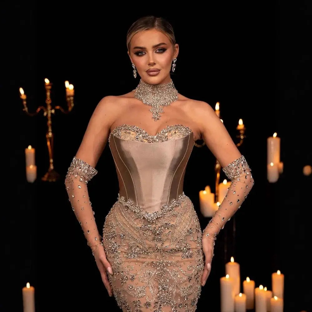 Luxury Beaded Mermaid Evening Dress with Scarf and Gloves SS069 