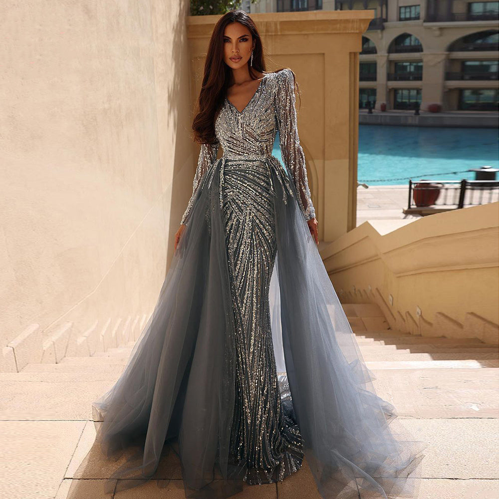 Sharon Said Luxury Dubai Blue Mermaid Muslim Evening Dresses with Detachable Skirt Sage Green Lilac Women Wedding Party SS432