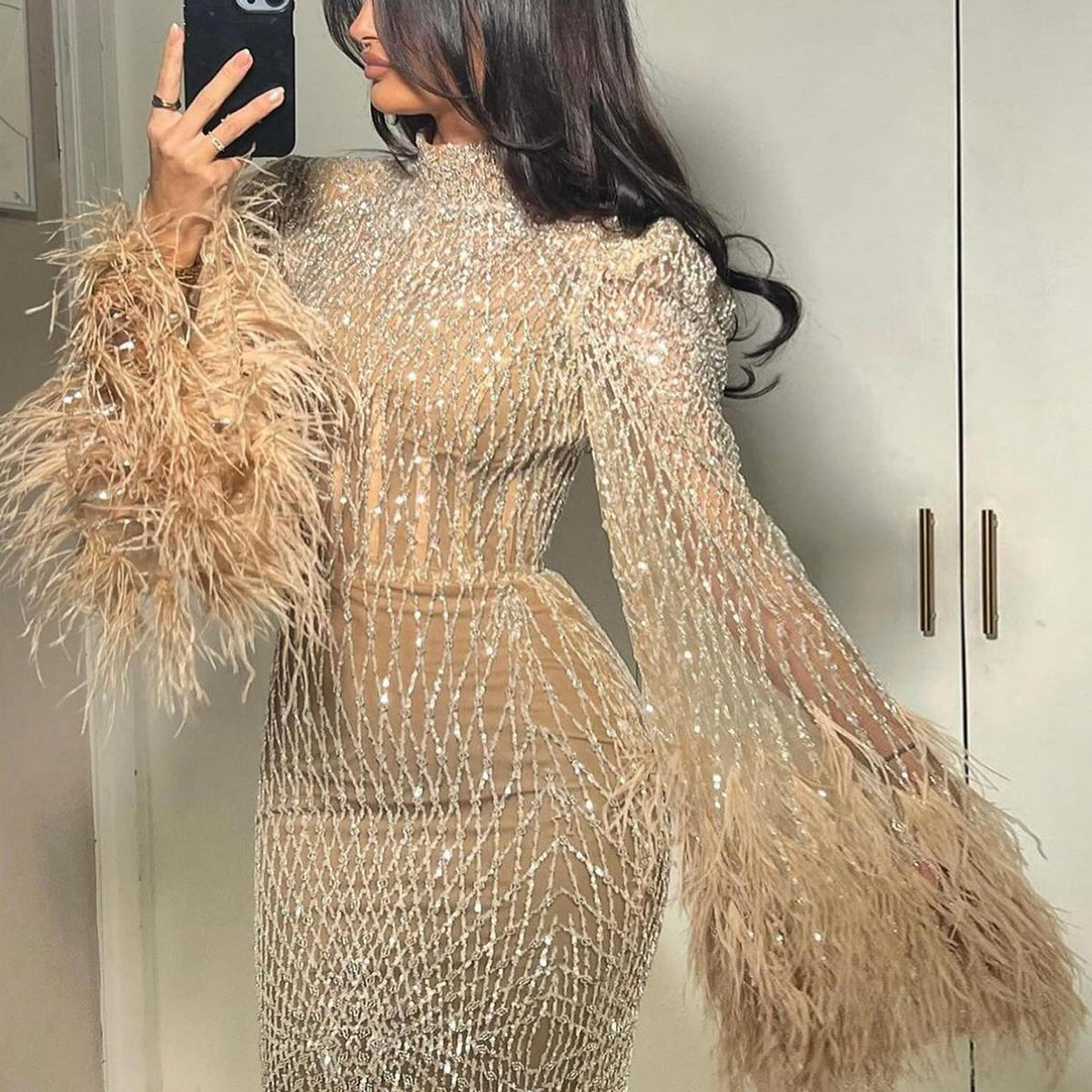 Sharon Said Luxury Dubai Feathers Nude Evening Dresses Long Sleeves Elegant High Neck Arabic Wedding Formal Party Gowns SS227