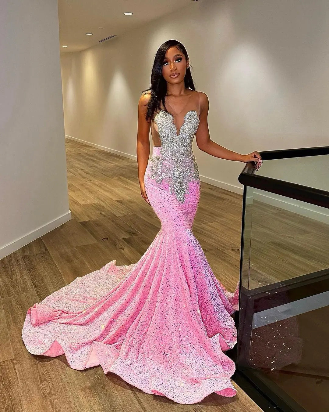 Luxury Pink Sequined Mermaid Crystal Prom Dress Rm061 Luxury Pink Sequined Mermaid Crystal Prom Dress Rm061