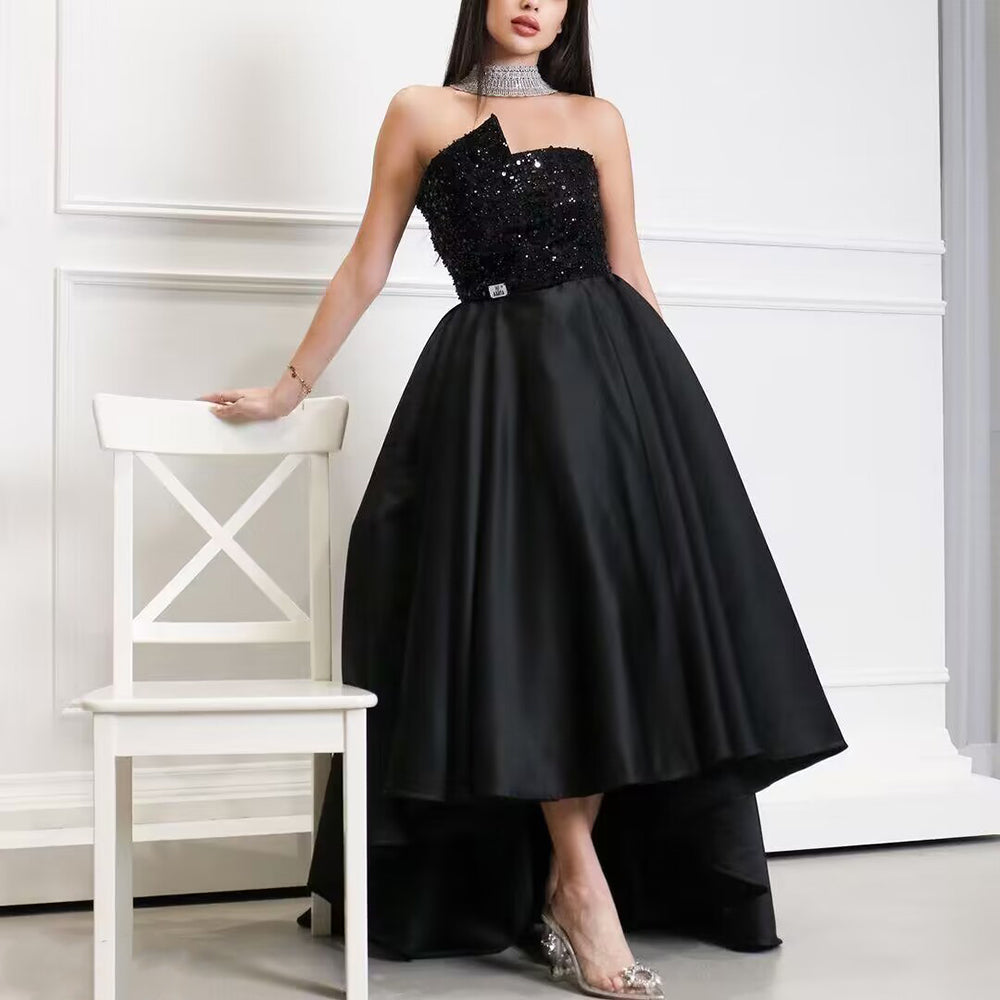 Elegant Black Strapless High-Low Evening Dress SF003