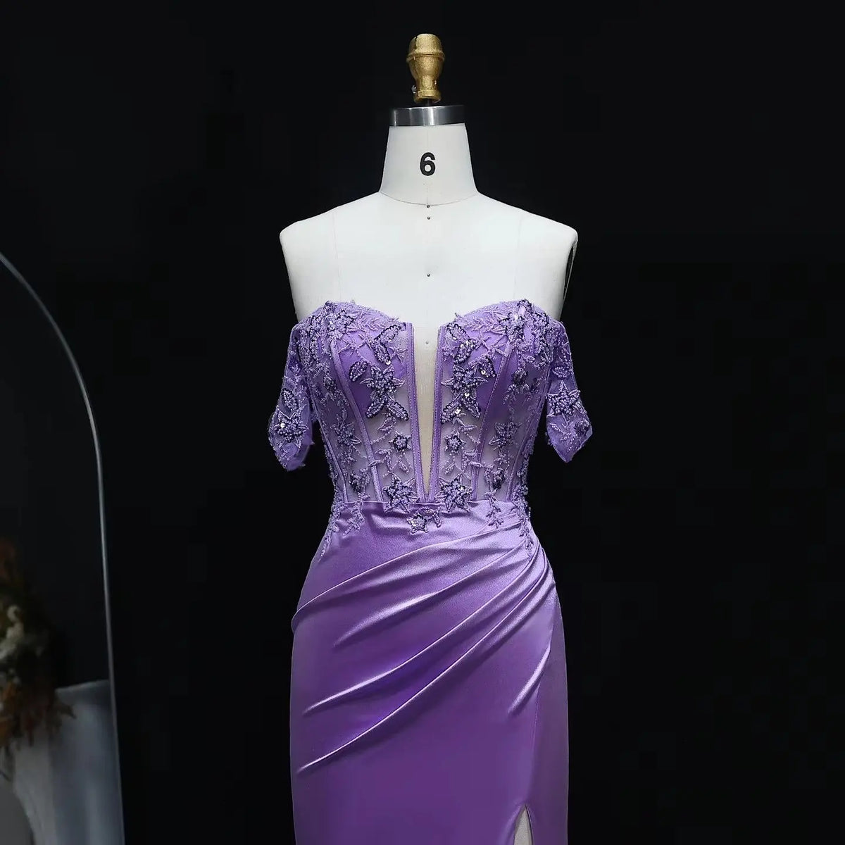 Luxury Lilac Off-the-Shoulder Beaded Sheer High-Slit Mermaid Prom Dress SH534 