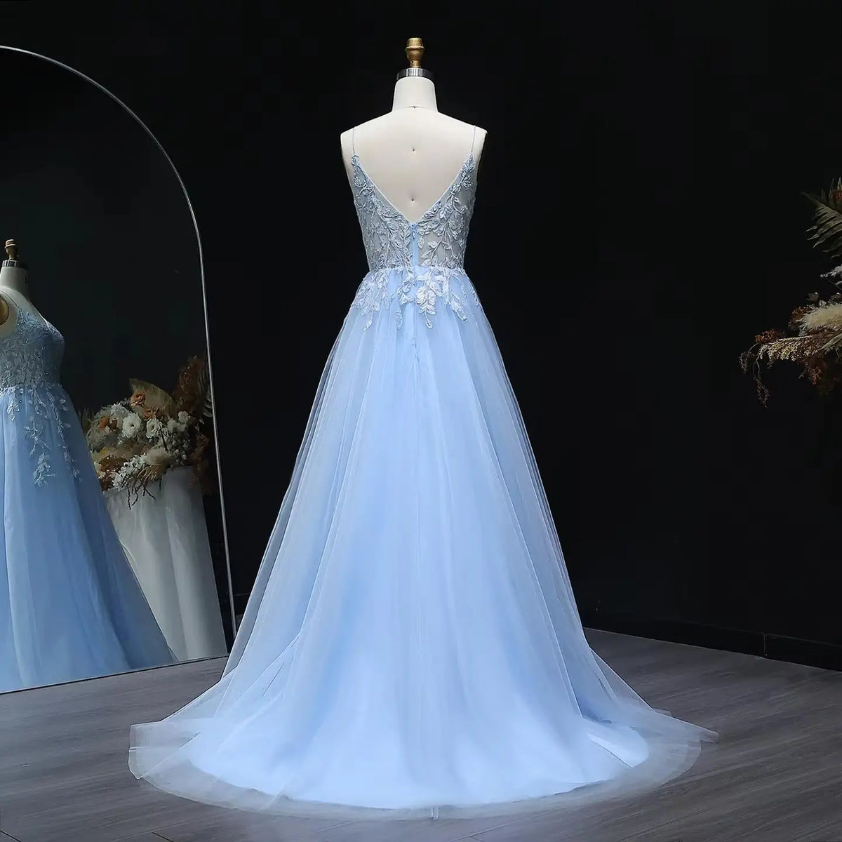 Luxury Light Blue Spaghetti Strap Beaded Embroidered Prom Dress SH286 