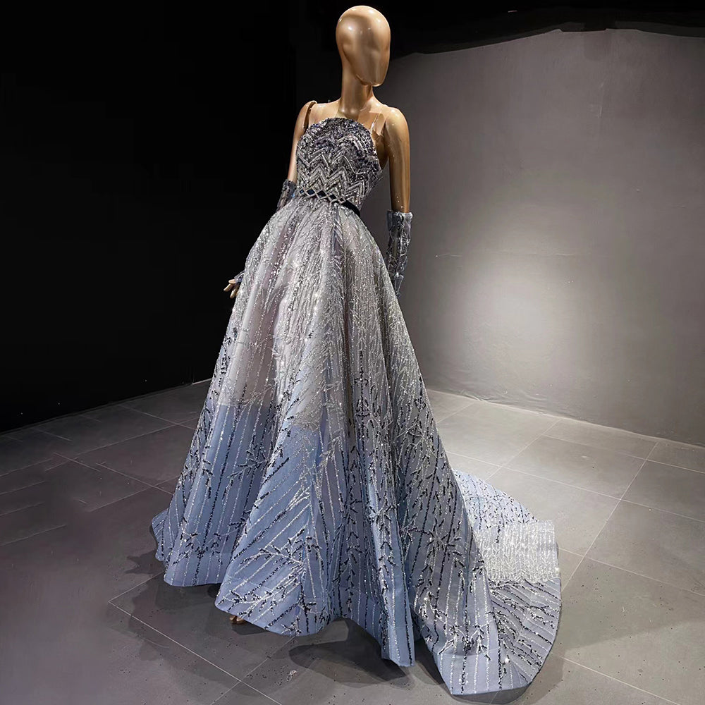 Sharon Said Glitter Blue Beaded Dubai Evening Dresses Luxury Crystal Arabic Long Formal Prom Dress for Women Wedding Party SS552
