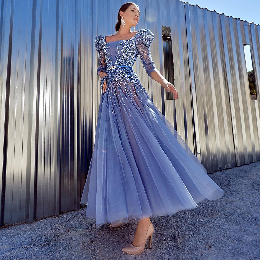 Sharon Said Elegant Blue Midi Evening Dress Luxury Dubai Muslim Ankle Length Arabic Short Wedding Formal Party Gowns SS240