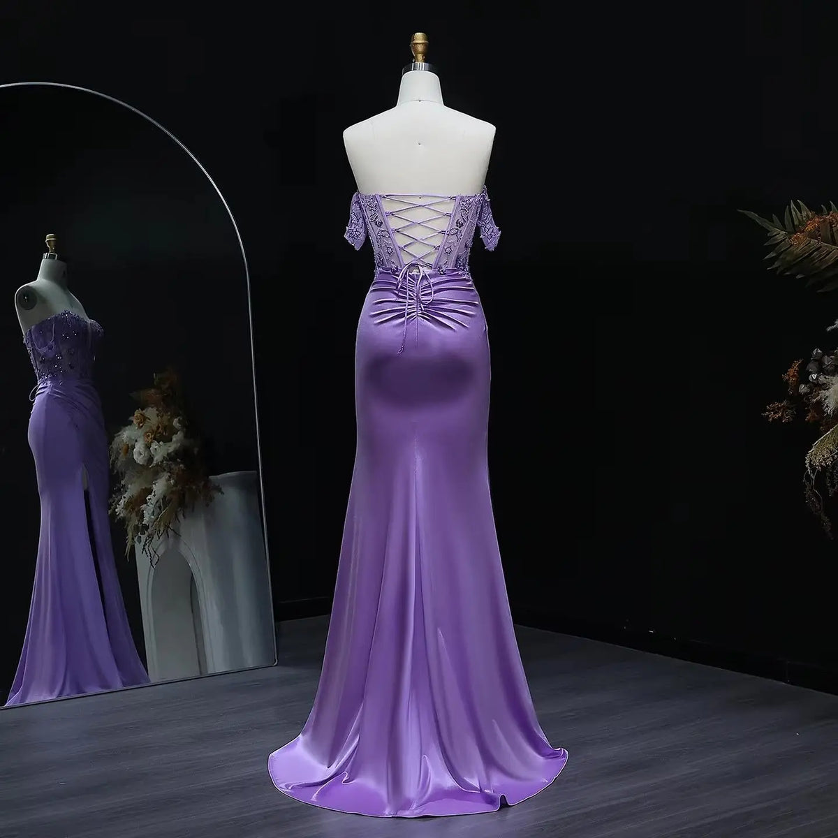 Luxury Lilac Off-the-Shoulder Beaded Sheer High-Slit Mermaid Prom Dress SH534 