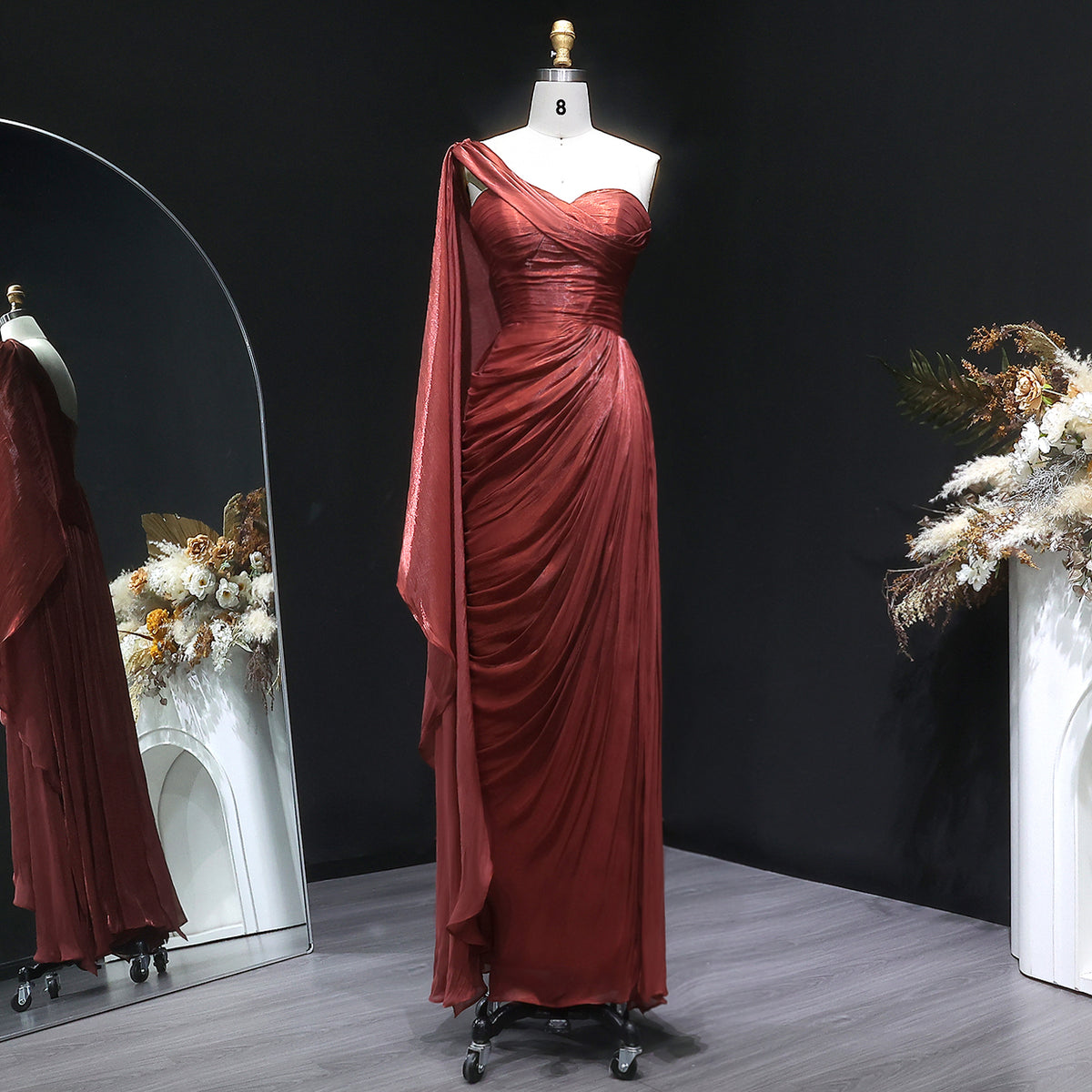 Luxury Fuchsia One Shoulder Evening Dress with Cap SF029 