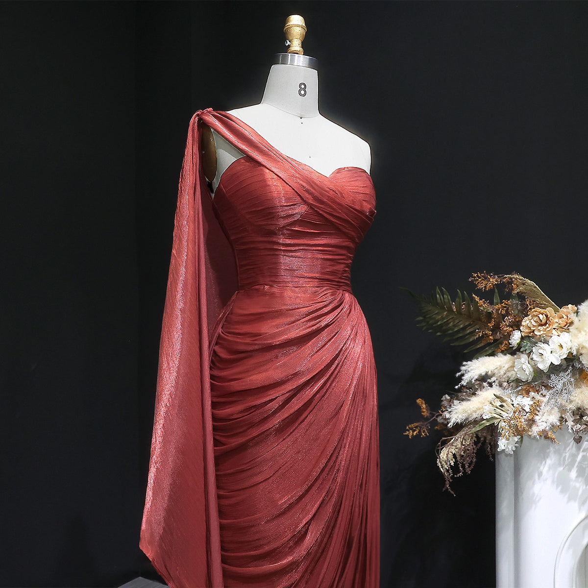 Luxury Fuchsia One Shoulder Evening Dress with Cap SF029 