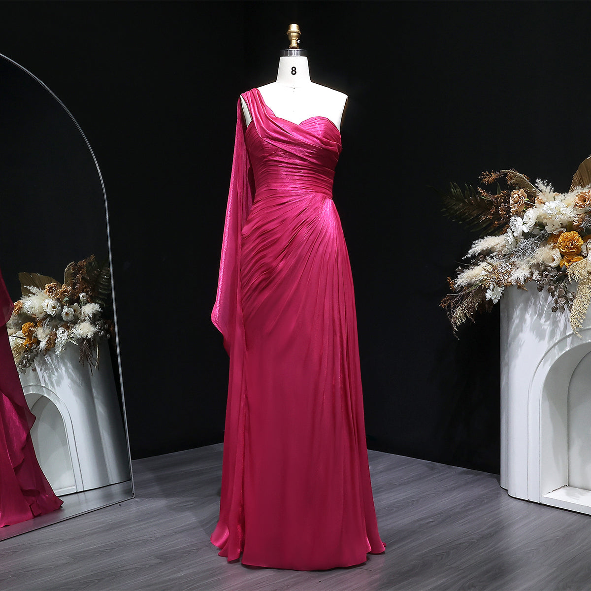 Luxury Fuchsia One Shoulder Evening Dress with Cap SF029 