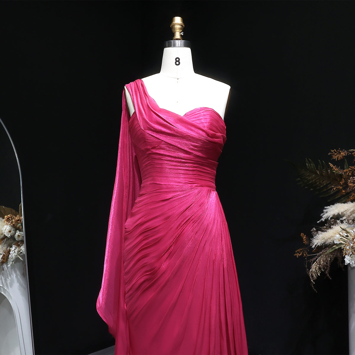Luxury Fuchsia One Shoulder Evening Dress with Cap SF029 