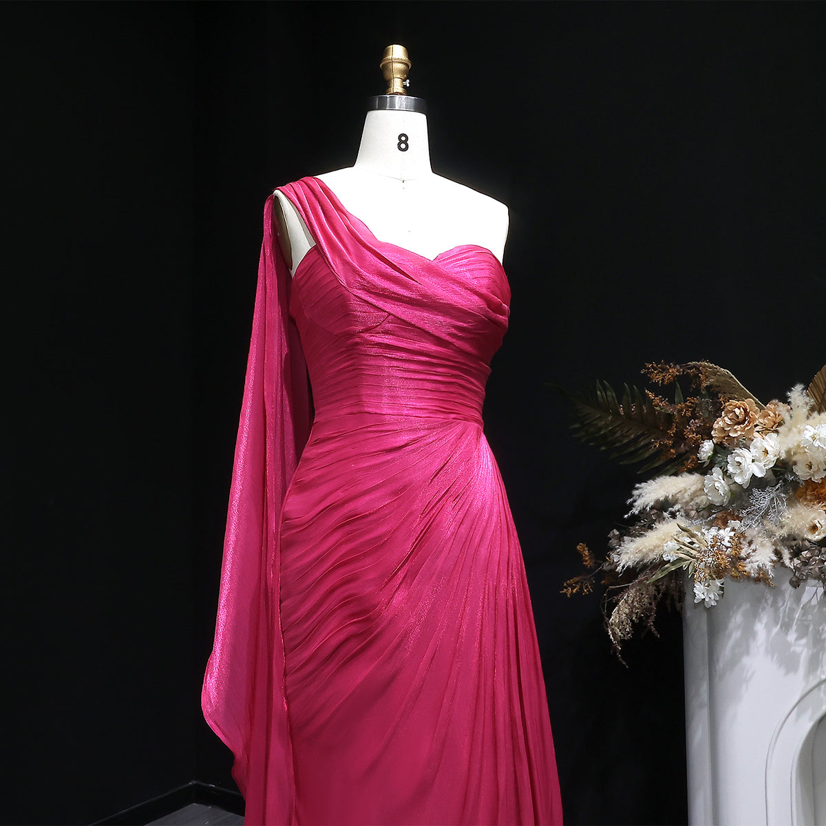 Luxury Fuchsia One Shoulder Evening Dress with Cap SF029 