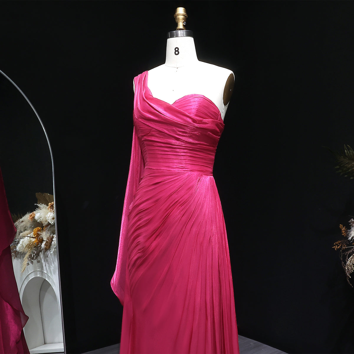 Luxury Fuchsia One Shoulder Evening Dress with Cap SF029 