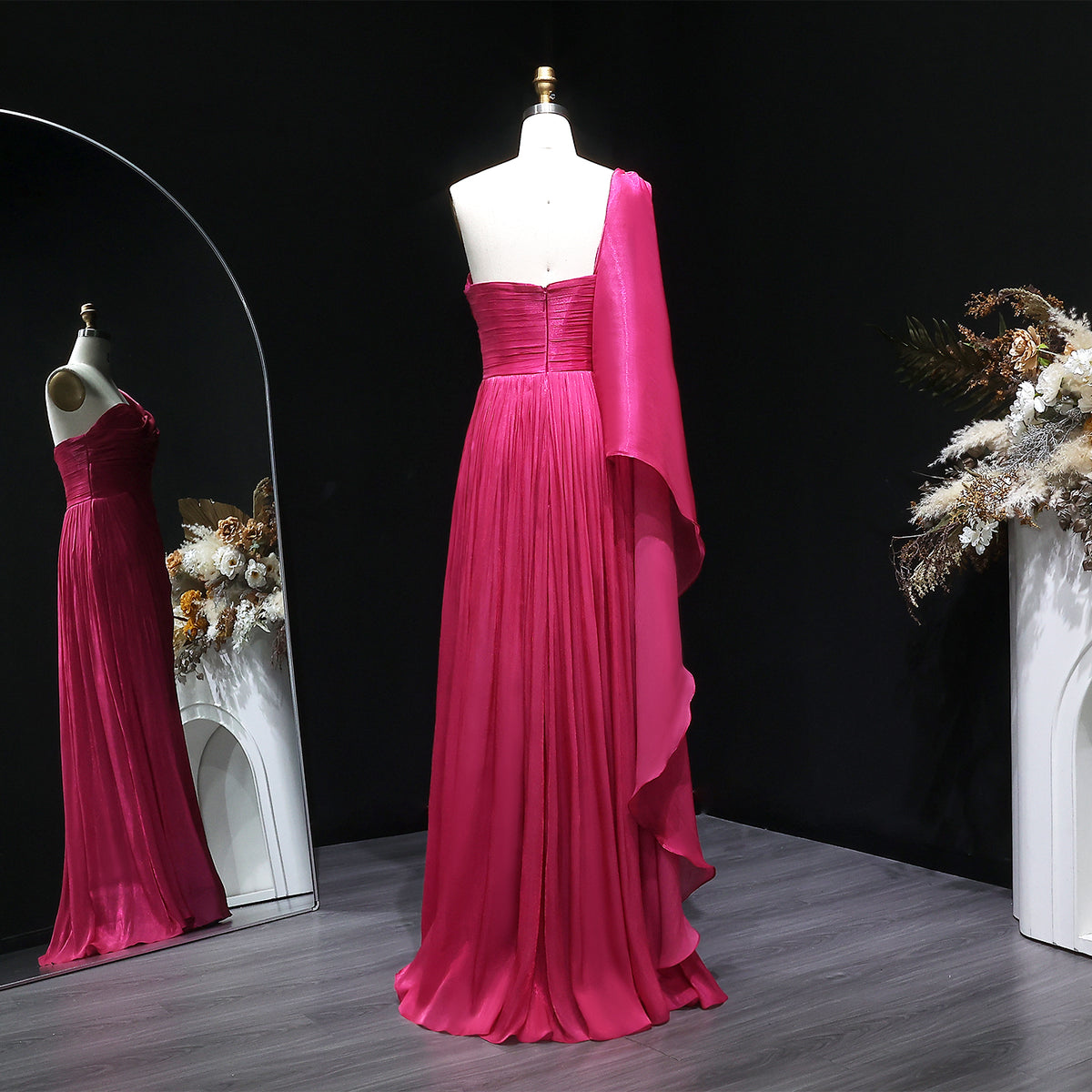 Luxury Fuchsia One Shoulder Evening Dress with Cap SF029 