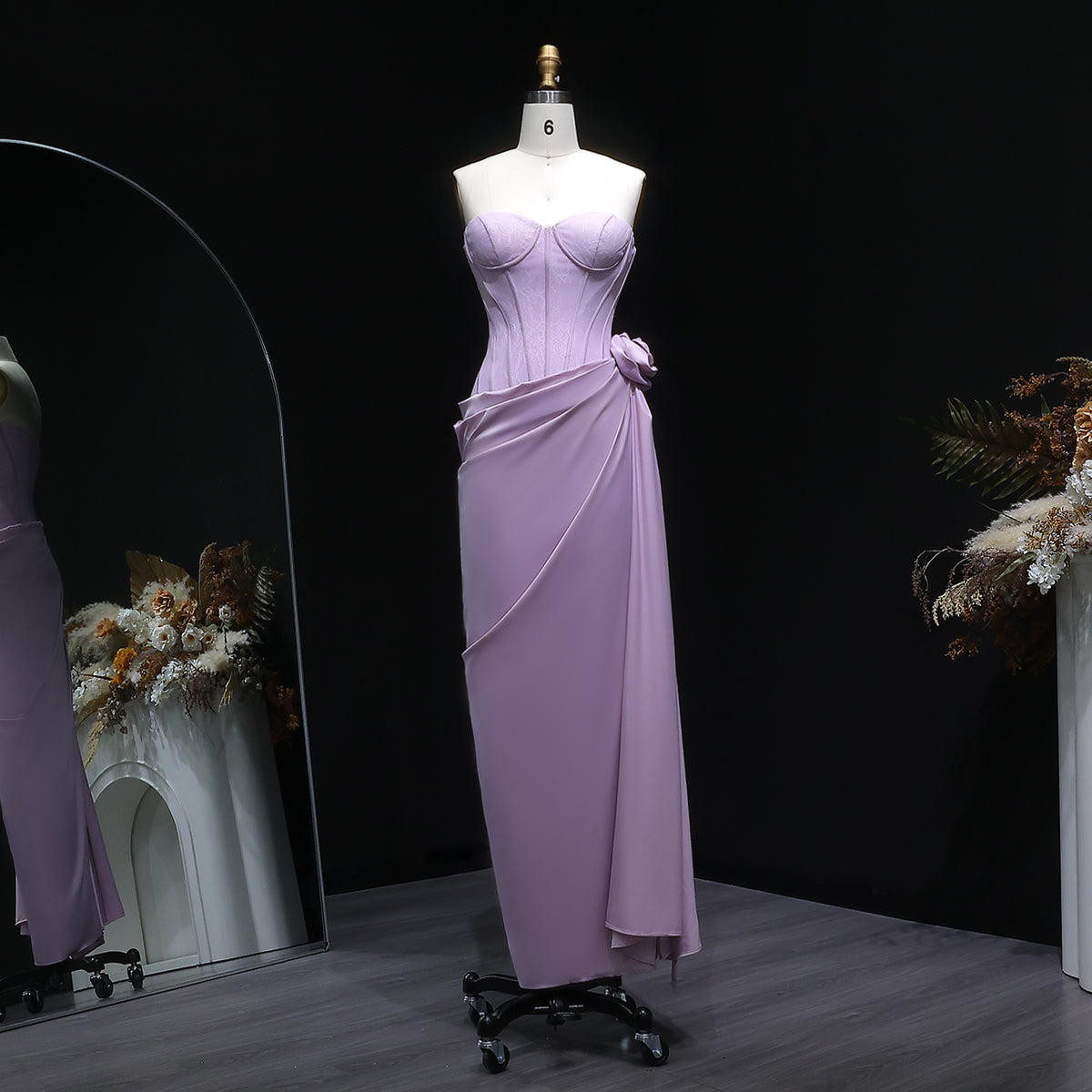 Elegant Pink 3D Floral Strapless Fitted Waist Evening Dress SF042 