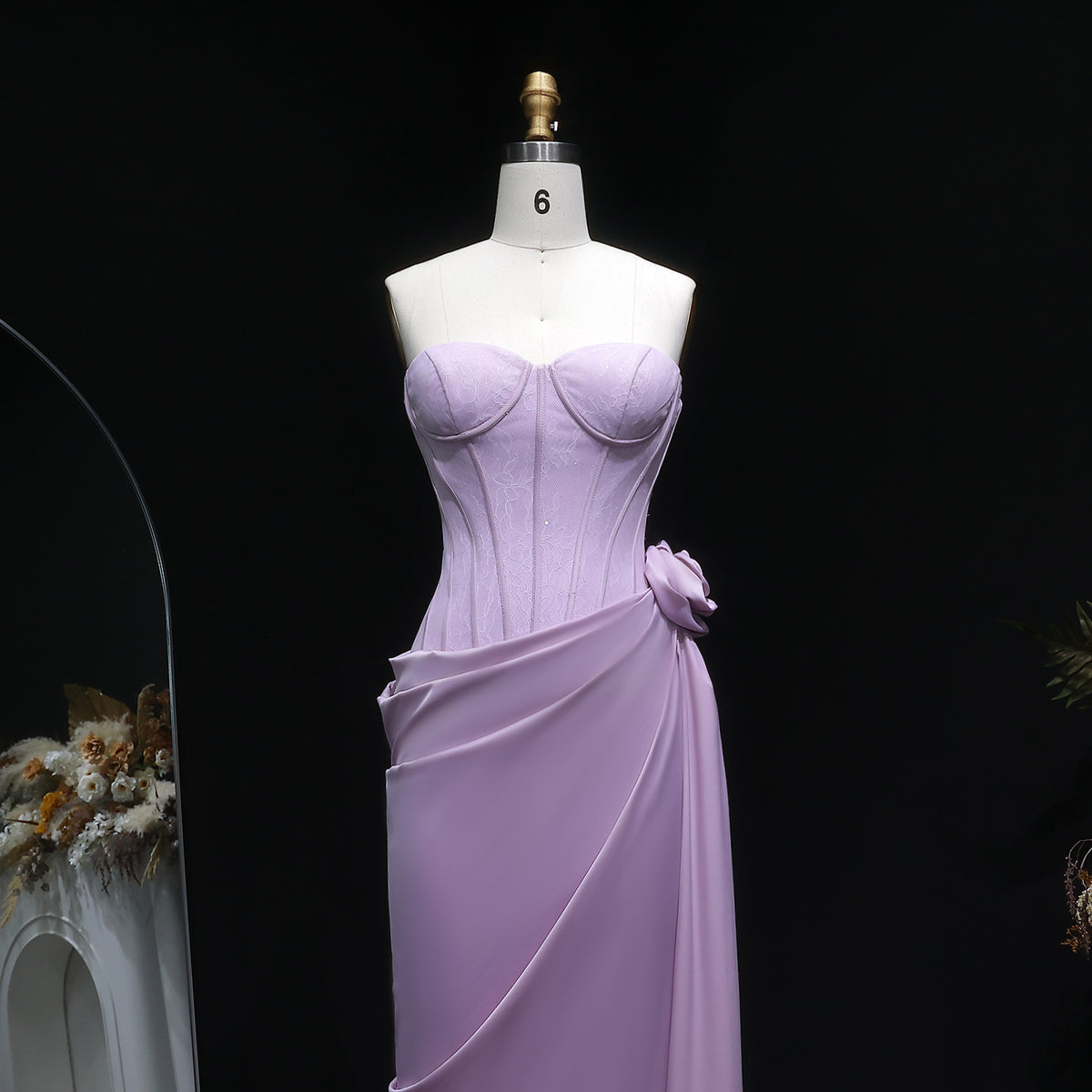 Elegant Pink 3D Floral Strapless Fitted Waist Evening Dress SF042 