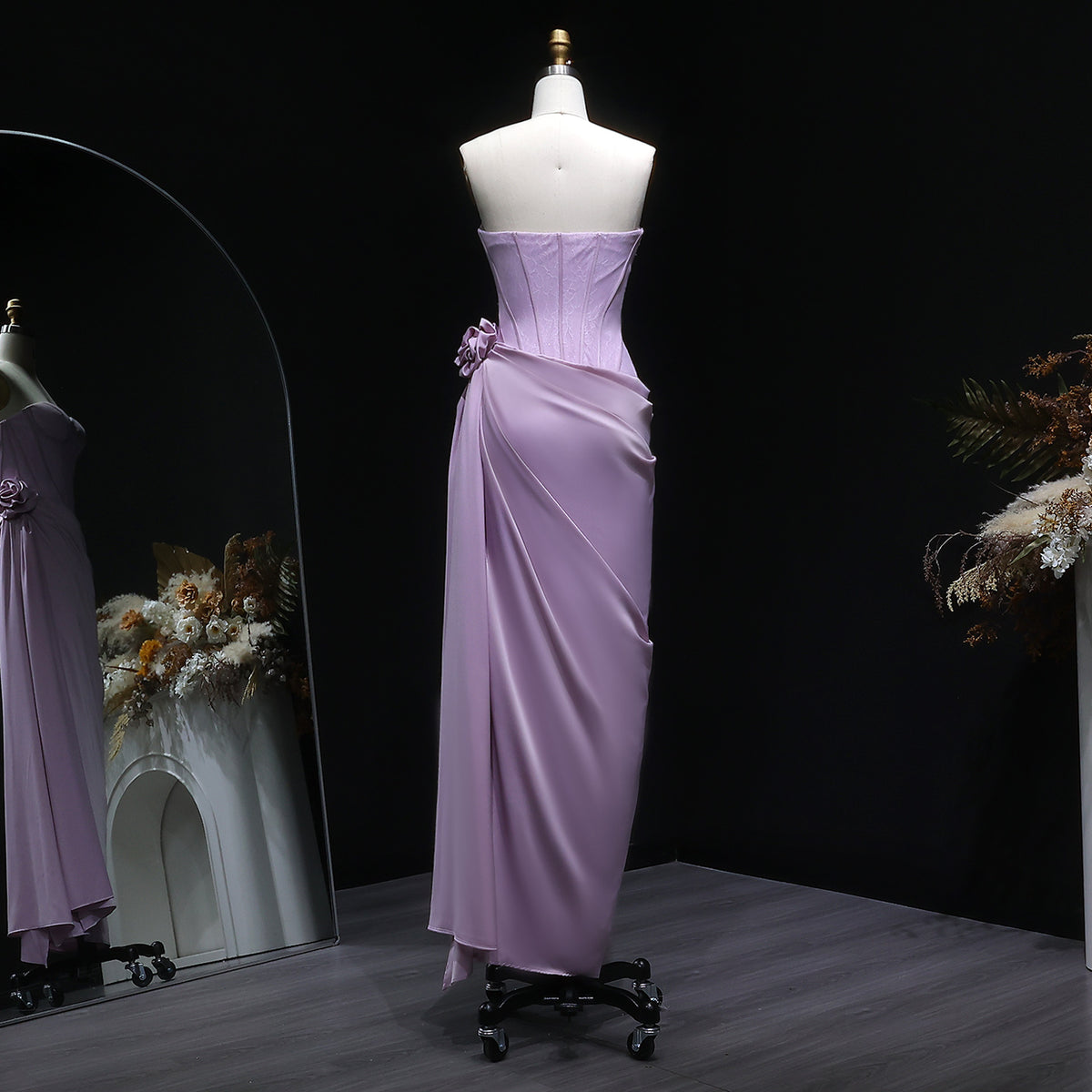 Elegant Pink 3D Floral Strapless Fitted Waist Evening Dress SF042 